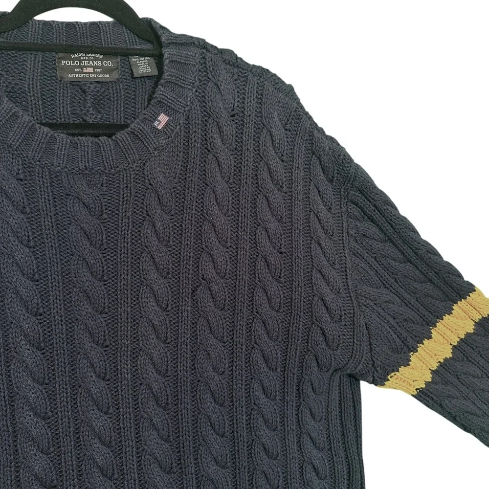 Polo Jeans Co Ralph Lauren Cable Knit Sweater Mens XL Navy Yellow Stripe Vintage